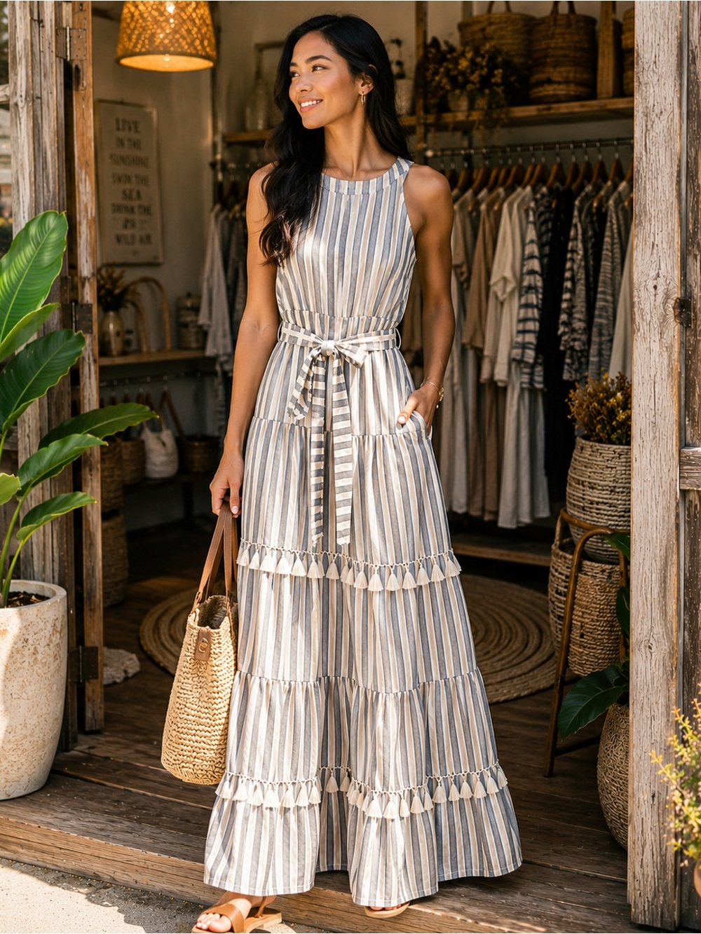 Eliza J Size 10 Striped Tiered Maxi Dress Tassel Trim Belted Boho Coastal Resort - Picture 6 of 7